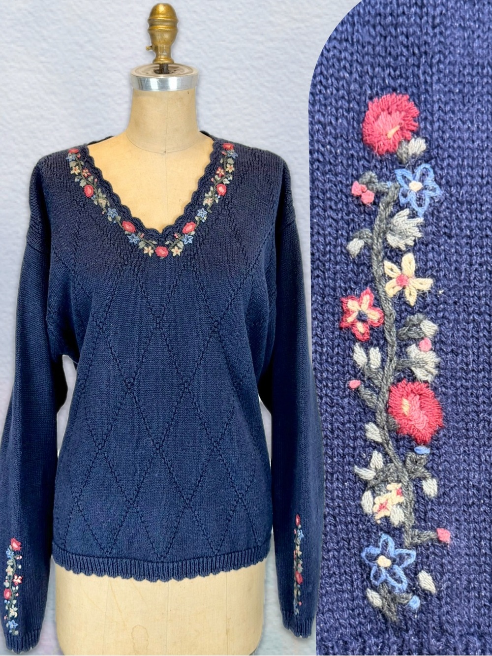 VINTAGE 90s woodland wildflower embroidered knit sweater v neck flower floral